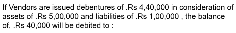 If Vendors are issued debentures of .Rs 4,40,000 in consideration of assets of .Rs 5,00,000 and liabilities of .Rs 1,00,000 , the balance of, .Rs 40,000 will be debited to :
