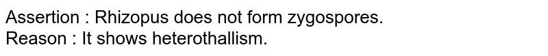 Assertion : Rhizopus does not form zygospores. Reason : It shows heterothallism.
