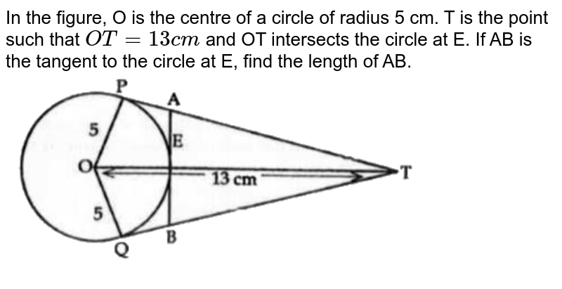 In the figure, O is the centre of a circle of radius 5 cm. T is the point such that `OT=13cm` and OT intersects the circle at E. If AB is the tangent to the circle at E, find the length of AB. <br> <img src="https://d10lpgp6xz60nq.cloudfront.net/physics_images/ZEN_QET_AR_MAT_C04_E02_044_Q01.png" width="80%">