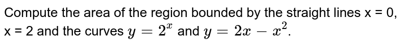 Compute the area of the region bounded by the straight lines x = 0, x = 2 and the curves `y=2^(x)` and `y=2x-x^(2)`. 