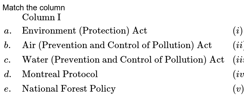 Match the column {:(,"Column I",,"Column II"),(a.,"Environment (Protection) Act",(i),1988),(b.,"Air (Prevention and Control of Pollution) Act",(ii),1987),(c.,"Water (Prevention and Control of Pollution) Act",(iii),1981),(d.,"Montreal Protocol",(iv),1974),(e.,"National Forest Policy",(v),1986):}