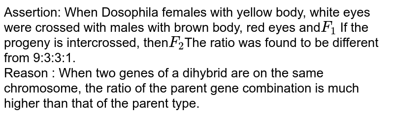 Assertion: When yellow-bodied, white-eyed Dosophila females are hybridized with brown-bodied, red-eyed males and F_1 If the child is intercrossed F_2 The ratio of 9: 3: 3: 1 was found to be different. Rationale: When two genes of a bivalent are on the same chromosome, the ratio of the parent gene combination is very high.