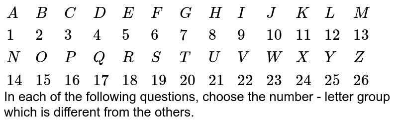 A B C D E F G H I J K L M 1 2 3 4 5 6 7 8 9 10 11 12 13 N O P Q R S T U V W X Y Z 14 15 16 17 18 19 21 22 23 24 25 26 In Each Of The Following Questions Five Groups Of Letters Are Given Four Of Them Are Alike In A Certain Way While One Is