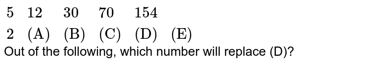 {:("5","12","30","70","154",),("2","(A)","(B)","(C)","(D)","(E)"):} Out of the following, which number will replace (D)?