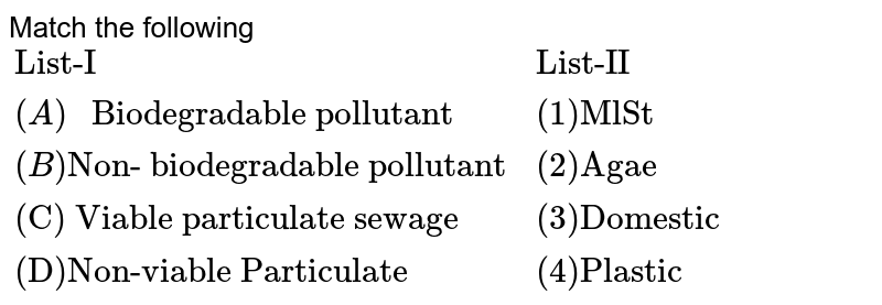 Match the following {:("List-I","List-II"),((A)" Biodegradable pollutant ",(1)"MlSt"),((B)"Non- biodegradable pollutant",(2)"Agae"),("(C) Viable particulate sewage",(3)"Domestic"),("(D)Non-viable Particulate",(4)"Plastic"):}