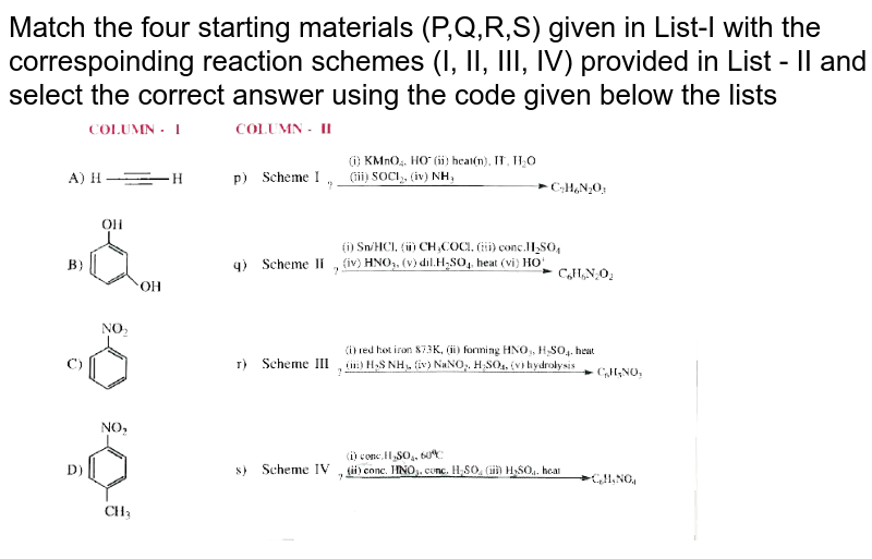 Match the four starting materials (P,Q,R,S) given in List-I with the correspoinding reaction schemes (I, II, III, IV) provided in List - II and select the correct answer using the code given below the lists