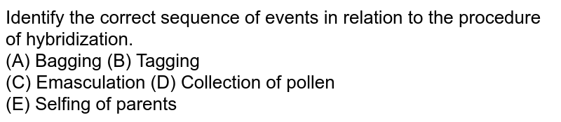 Identify the correct sequence of events in relation to the procedure of hybridization. (A) Bagging (B) Tagging (C) Emasculation (D) Collection of pollen (E) Selfing of parents