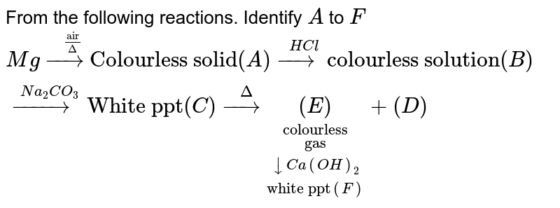 From the following reactions. Identify `A` to `F` <br> `Mg overset("air"/Delta)(to)"Colourless solid" (A) overset(HCl)(to)"colourless solution"(B) overset(Na_(2)CO_(3))(to)"White ppt"(C )overset(Delta)(to)underset("white ppt"(F))underset(darrCa(OH)_(2))underset("gas")underset("colourless")((E))+(D)`