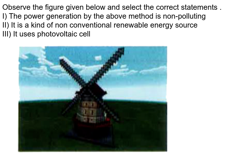 Observe the figure given below and select the correct statements .  <br> I) The power generation by the above method is  non-polluting  <br> II) It is a kind of non conventional renewable energy source  <br> III) It uses photovoltaic cell  <br> <img src="https://doubtnut-static.s.llnwi.net/static/physics_images/AKS_NEET_OBJ_BIO_XI_V01_C_C21_E01_024_Q01.png" width="80%">