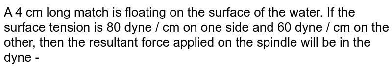 A 4 cm long match is floating on the surface of the water. If the surface tension is 80 dyne / cm on one side and 60 dyne / cm on the other, then the resultant force applied on the spindle will be in the dyne -