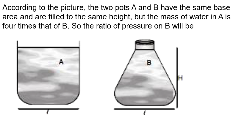 According to the picture, the two pots A and B have the same base area and are filled to the same height, but the mass of water in A is four times that of B. So the ratio of pressure on B will be