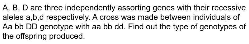 A, B, D are three independently assorting genes with their recessive alleles a,b,d respectively. A cross was made between individuals of Aa bb DD genotype with aa bb dd. Find out the type of genotypes of the offspring produced.