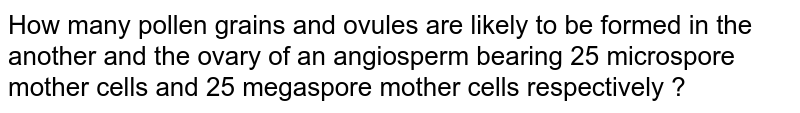 How many pollen grains and ovules are likely to be formed in the another and the ovary of an angiosperm bearing 25 microspore mother cells and 25 megaspore mother cells respectively ?