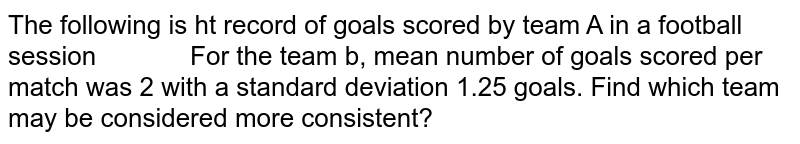 The following is ht record of goals scored by team A in a football
  session
            
For the team b, mean number of goals scored per match was 2 with a
  standard deviation 1.25 goals. Find which team may be considered more
  consistent?