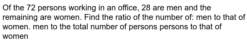 Of the 72 persons working in an office, 28 are
  men and the remaining are women. Find the ratio of the number of:
men to that of women.
men to the total number of persons
persons to that of women