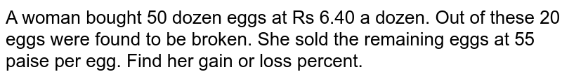 A woman bought 50 dozen
  eggs at Rs 6.40 a dozen. Out of these 20 eggs were found to be broken. She
  sold the remaining eggs at 55 paise per egg. Find her gain or loss percent.