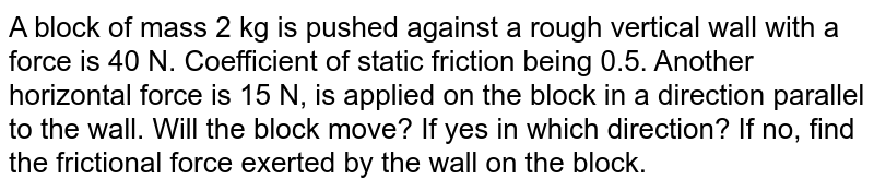 A block of mass 2 kg is pushed against a rough vertical wall with a force is 40 N. Coefficient of static friction being 0.5. Another horizontal force is 15 N, is applied on the block in a direction parallel to the wall. Will the block move? If yes in which direction? If no, find the frictional force exerted by the wall on the block.