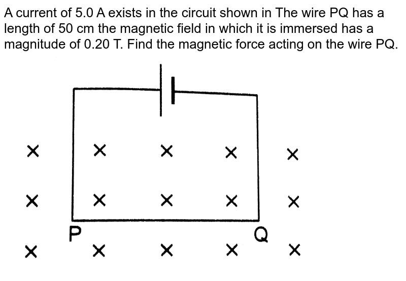 A current of 5.0  A exists in the circuit shown in The wire PQ has a length of 50 cm the magnetic field in which it is immersed has a magnitude of 0.20 T.  Find the magnetic force acting on the wire PQ.   <br> <img src="https://d10lpgp6xz60nq.cloudfront.net/physics_images/HCV_VOL2_C34_S01_041_Q01.png" width="80%">