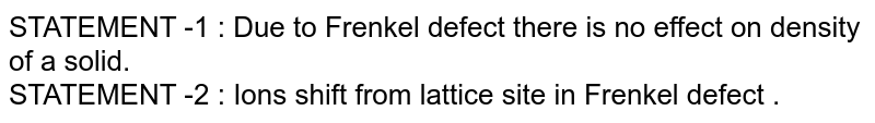 Statement : Due to Frenkel defect the density of the crystalline solid remains same. Explanation : In Frenkel defect, no cations or anions leave the lattice.