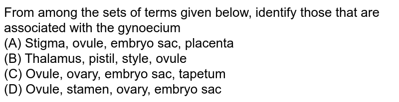 From among the sets of terms given below, identify those that are associated with the gynoecium (A) Stigma, ovule, embryo sac, placenta (B) Thalamus, pistil, style, ovule (C) Ovule, ovary, embryo sac, tapetum (D) Ovule, stamen, ovary, embryo sac
