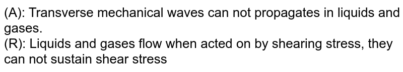 (A): Transverse mechanical waves can not propagates in liquids and gases. (R): Liquids and gases flow when acted on by shearing stress, they can not sustain shear stress