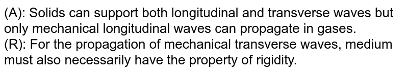 (A): Solids can support both longitudinal and transverse waves but only mechanical longitudinal waves can propagate in gases. (R): For the propagation of mechanical transverse waves, medium must also necessarily have the property of rigidity.