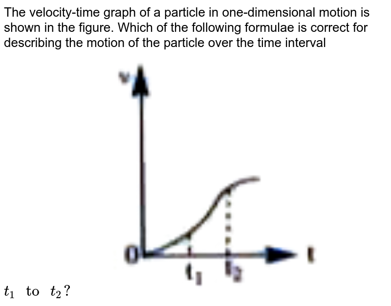 The velocity-time graph of a particle in one-dimensional motion is shown in the figure. Which of the following formulae is correct for describing the motion of the particle over the time interval `t_1" to "t_2?` <img src="https://doubtnut-static.s.llnwi.net/static/physics_images/AKS_DOC_OBJ_PHY_XI_V01_A_C03_E01_035_Q01.png" width="80%">