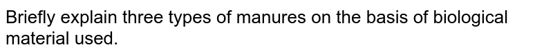 Briefly explain three types of manures on the basis of biological material used.