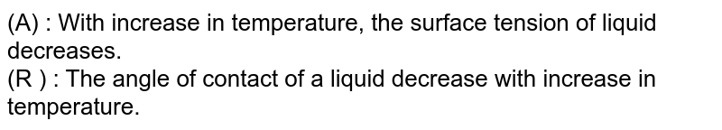 (A) : With increase in temperature, the surface tension of liquid decreases. (R ) : The angle of contact of a liquid decrease with increase in temperature.