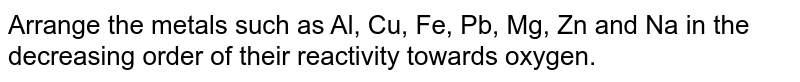 Arrange the metals such as Al, Cu, Fe, Pb, Mg, Zn and Na in the decreasing order of their reactivity towards oxygen.