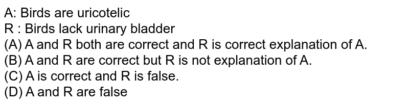 A: Birds are uricotelic R : Birds lack urinary bladder (A) A and R both are correct and R is correct explanation of A. (B) A and R are correct but R is not explanation of A. (C) A is correct and R is false. (D) A and R are false