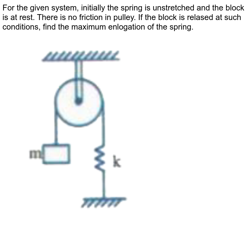 For the given system, initially the spring is unstretched and the block is at rest. There is no friction in pulley. If the block is relased at such conditions, find the maximum enlogation of the spring. <br> <img src="https://doubtnut-static.s.llnwi.net/static/physics_images/AKS_ELT_AI_PHY_XI_V01_B_C03_E04_050_Q01.png" width="80%"> 