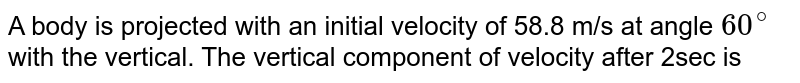 A body is projected with an initial velocity of 58.8 m/s at angle 60^(@) with the vertical. The vertical component of velocity after 2sec is