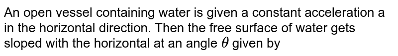 An open vessel containing water is given a constant acceleration a in the horizontal direction. Then the free surface of water gets sloped with the horizontal at an angle `theta` given by