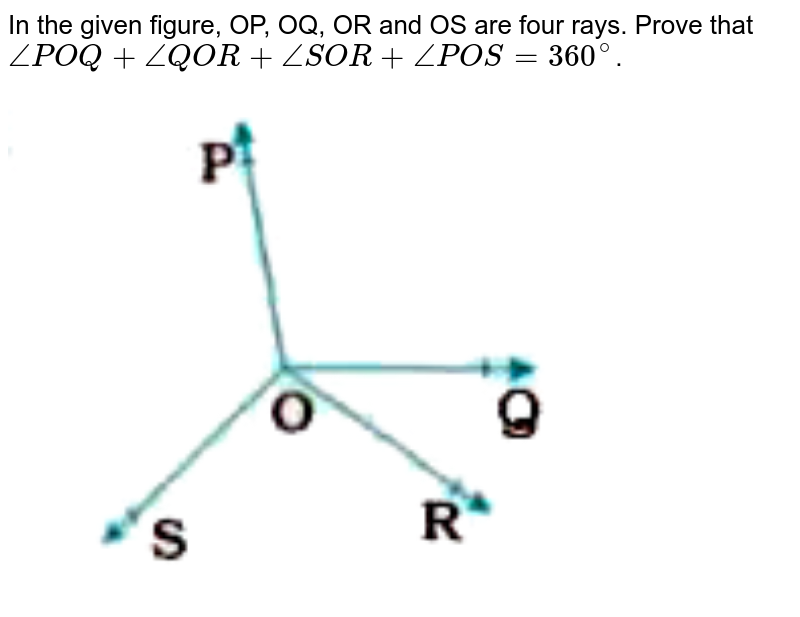 In the given figure, OP, OQ, OR and OS are four rays. Prove that <br> `anglePOQ+angleQOR+angleSOR+anglePOS=360^(@)`. <br> <img src="https://doubtnut-static.s.llnwi.net/static/physics_images/NVT_MAT_IX_C06_E04_003_Q01.png" width="80%">