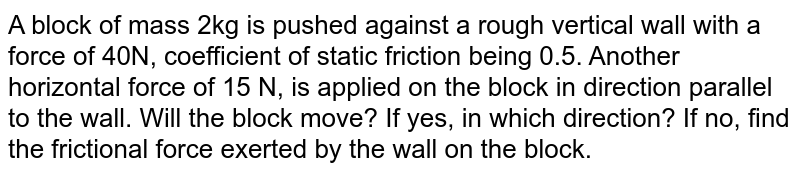 A block of mass 2kg is pushed against a rough vertical wall with a force of 40N, coefficient of static friction being 0.5. Another horizontal force of 15 N, is applied on the block in direction parallel to the wall. Will the block move? If yes, in which direction? If no, find the frictional force exerted by the wall on the block.