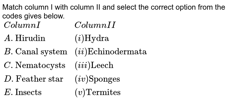 Match column I with column II and select the correct option from the codes gives below. <br> `{:(Column I,Column II),(A."Hirudin",(i)"Hydra"),(B."Canal system",(ii)"Echinodermata"),(C."Nematocysts",(iii)"Leech"),(D."Feather star",(iv)"Sponges"),(E."Insects",(v)"Termites"):}`