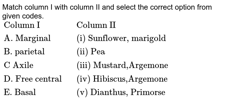 Match column I with column II and select the correct option from given codes. {:("Column I" ,,"Column II"),("A. Marginal",,"(i) Sunflower, marigold"),("B. parietal",,"(ii) Pea"),("C Axile",,"(iii) Mustard,Argemone"),("D. Free central",,"(iv) Hibiscus,Argemone"),("E. Basal",,"(v) Dianthus, Primorse"):}