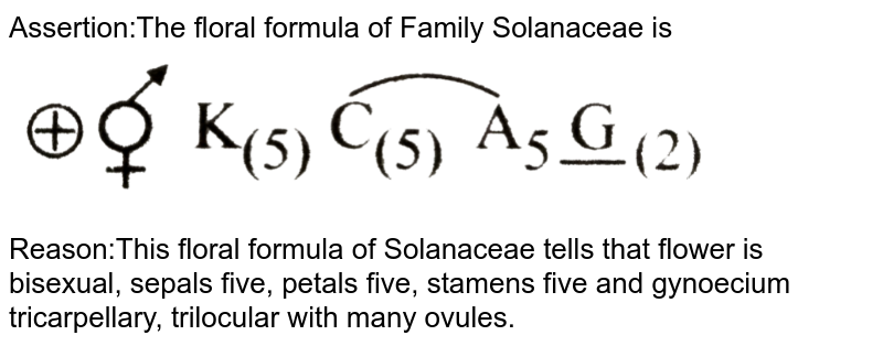 Assertion:The floral formula of Family Solanaceae is Reason:This floral formula of Solanaceae tells that flower is bisexual, sepals five, petals five, stamens five and gynoecium tricarpellary, trilocular with many ovules.
