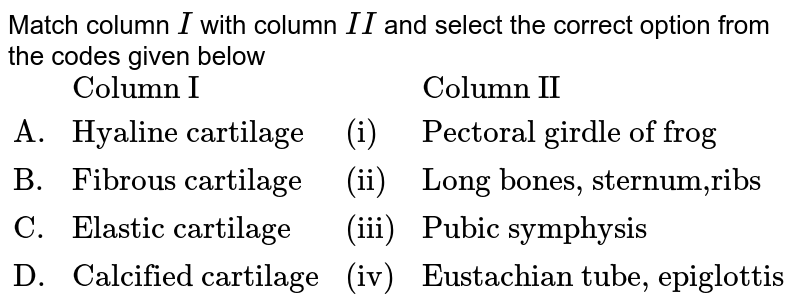 Match column I with column II and select the correct option from the codes given below {:(,"Column I",,"Column II"),("A.","Hyaline cartilage","(i)","Pectoral girdle of frog"),("B.","Fibrous cartilage","(ii)","Long bones, sternum,ribs"),("C.","Elastic cartilage","(iii)","Pubic symphysis"),("D.","Calcified cartilage","(iv)","Eustachian tube, epiglottis"):}