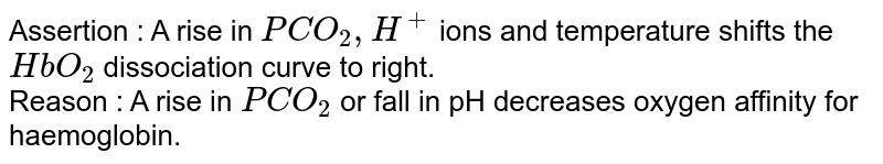 Assertion : A rise in `PCO_(2), H^(+)` ions and temperature shifts the `HbO_(2)` dissociation curve to right. <br> Reason : A rise in `PCO_(2)`  or fall in pH decreases oxygen affinity for haemoglobin.