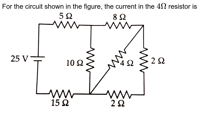 For the circuit shown in the figure, the current in the `4 Omega` resistor is <br> <img src="https://d10lpgp6xz60nq.cloudfront.net/physics_images/NCERT_OBJ_FING_PHY_XII_PP_02_E01_057_Q01.png" width="80%">