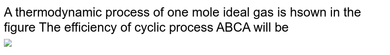 A thermodynamic process of one mole ideal monoatomic gas is shown in figure. The efficiency of cyclic process ABCA will be