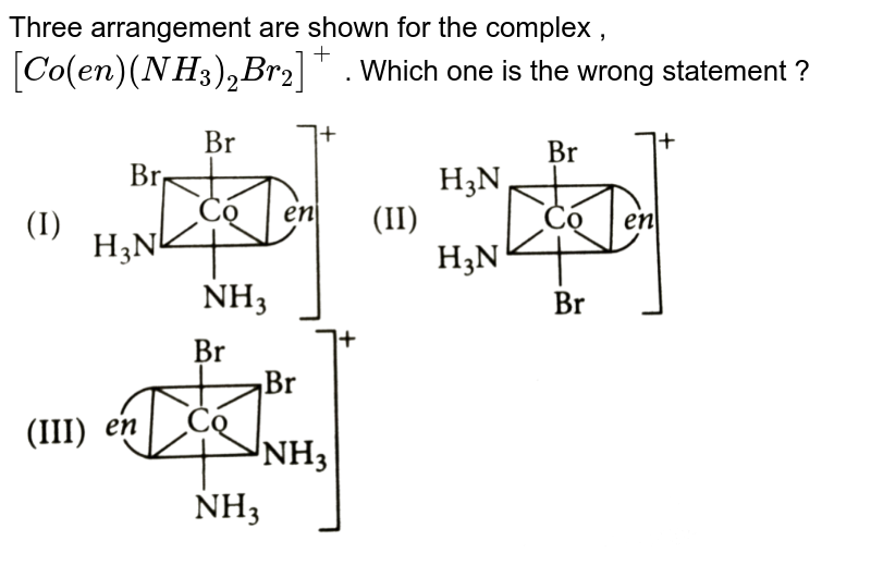 Three arrangement are shown for the complex , `[Co(en) (NH_(3))_(2) Br_(2)]^(+)` . Which one is the wrong statement ?  <br> <img src="https://d10lpgp6xz60nq.cloudfront.net/physics_images/NCERT_OBJ_FING_CHE_XII_C09_E02_004_Q01.png" width="80%">