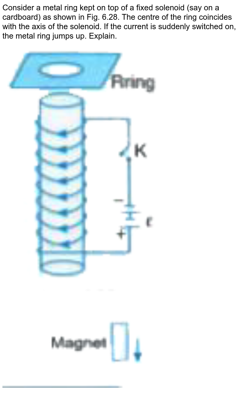 Consider a metal ring kept on top of a fixed solenoid (say on a cardboard) as shown in Fig. 6.28. The centre of the ring coincides with the axis of the solenoid. If the current is suddenly switched on, the metal ring jumps up. Explain. <br> <img src="https://doubtnut-static.s.llnwi.net/static/physics_images/U_LIK_SP_PHY_XII_C06_E09_009_Q01.png" width="80%">