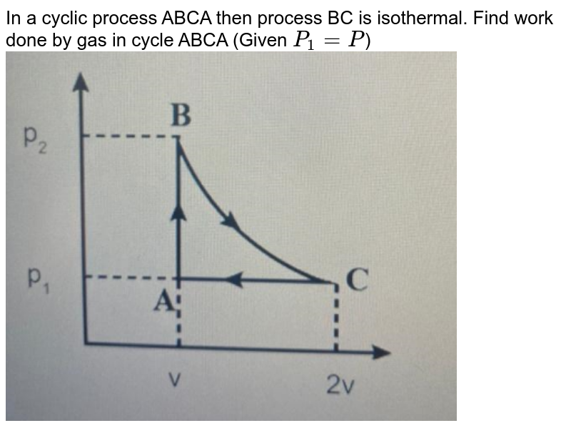 In a cyclic process ABCA then process BC is isothermal. Find work done by gas in cycle ABCA (Given P_1 = P )