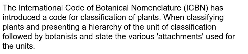 The International Code of Botanical Nomenclature (ICBN) has introduced a code for classification of plants. When classifying plants and presenting a hierarchy of the unit of classification followed by botanists and state the various &#39;attachments&#39; used for the units.