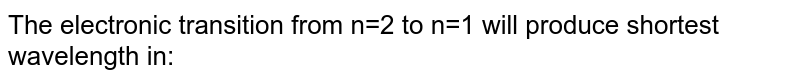 The electronic transition from n=2 to n=1 will produce shortest wavelength in: