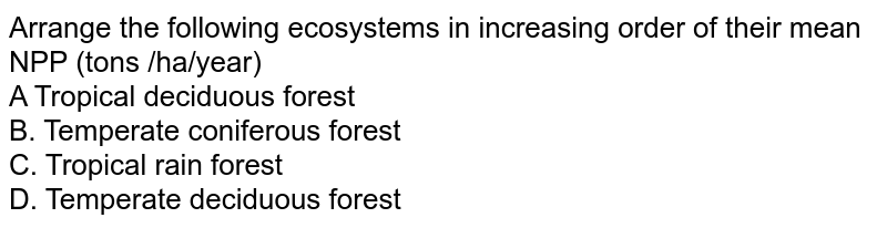 Arrange the following ecosystems in increasing order of their mean NPP (tons /ha/year) A Tropical deciduous forest B. Temperate coniferous forest C. Tropical rain forest D. Temperate deciduous forest