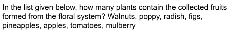 In the list given below, how many plants contain the collected fruits formed from the floral system? Walnuts, poppy, radish, figs, pineapples, apples, tomatoes, mulberry